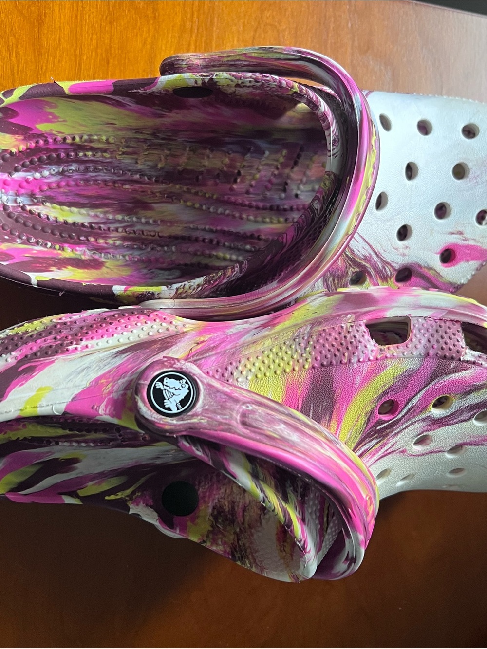 CROCS Marbled Pink White Yellow Slip-On Clogs